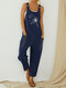 Floral Printed Straps Jumpsuit With Pocket - Navy