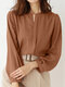 Solid Long Sleeve Notch Neck Blouse For Women - Brown