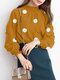 Dot Print Shirred Half-collar Long Sleeve Blouse - Yellow