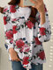 Blusa feminina casual com estampa floral e gola redonda manga comprida - Branco