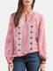 Casual Ethnic Pattern Embroidered V-neck Drawstring Blouse - Pink