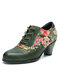 Socofy Vintage Leather Ethnic Print Panel Lace-Up Chunky Heel Non-Slip Pumps - Green