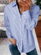 Stripe Print Long Sleeve Button Front Lapel Shirt - Blue