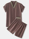 Mens Striped V-Neck Vintage Ethnic Style Cotton Comfy Relaxed Short Loungewear Sets - Brown