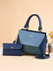 Women Faux Leather Fashion Large Capacity Color Matching Handbag Shoulder Bag - Blue