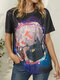 Fish Cat Print O-neck Short Sleeve Casual T-Shirt For Women - Black