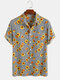 Men 100% Cotton Sunflower Printed Striped Casual Lapel Short Sleeve Shirt - Black