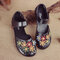 Flower Leather Hook Loop Closed Toe Retro Flat Shoes - Black
