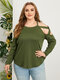 Plus Size Cold Shoulder Criss-Cross Long Sleeves Tee - Green
