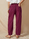 Plain Solid Color Elastic Waist Casual Cotton Women Pants - Wine Red