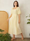 Brief Solid Puff Sleeve Open Back Button Square Collar Dress - Yellow