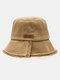 Unisex Washed Dacron Solid Color Letter PU Label Rough Edges All-match Sunshade Bucket Hat - Khaki