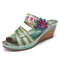 SOCOFY Handmade Leather Floral Adjustable Strappy Slip on Slides Wedge Sandals - Green