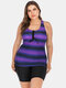 Plus Size Women Tankini Front Bandage Stripe Gradient Cover Belly Swimwear - Purple