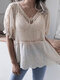 Crochet Lace Embroidery Hollow Solid Short Sleeve V-neck Blouse - Apricot