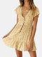 Floral Print Short Sleeve Button Mini Dress For Women - Yellow