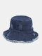 Unisex Denim Distressed Frayed Edge Vintage Trendy Outdoor Sunshade Foldable Bucket Hats - Dark Blue
