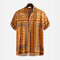 Mens Ethnic Style Printed Floral Loose Short Sleeve 100% Cotton Henley Shirt - Orange