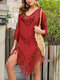 Women Crochet Tassel V-Neck Solid Color Pullover Cover Up Swimsuit - Red