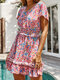 Bohemian Floral Print Short Sleeve Elastic Waist Dress For Women - Pink
