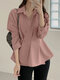 Solid Button Irregular Button Puff Sleeves Lapel Blouse Women - Pink
