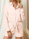 Plain Long Sleeve Shirt & Tie Waist Shorts Suit for Women - Pink