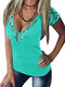 Women Lace Patchwork Deep V-Neck Short Sleeve T-Shirt - Green