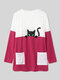 Cartoon Cat Print Long Sleeve O-neck Casual Blouse For Women - Rose