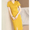 Waist Slimming Sexy V-neck Split Fork Step Knitted Dress  - Yellow