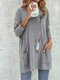 Blusa feminina com estampa de gato com bolsos manga longa e solta - Cinzento