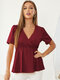 Solid Elastic Waist V-neck Short Sleeve Blouse Women - Wine Red
