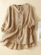 Women Embroidered Button Front High-Low Hem Blouse - Khaki