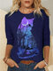 Cat Print O-neck Long Sleeve Plus Size T-shirt For Women - Purple
