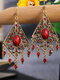 Vintage Bohemian Hollow Carved Rhombus Inlaid Rhinestone Alloy Earrings - Red