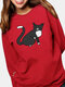 Cartoon Cat Printed Long Sleeve O-neck Sweatshirt For Women - Red
