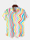 Mens Colorful Irregular Striped Print Light Short Sleeve Shirts - White