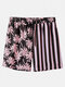 Mens Coconut Tree & Stripes Print Loose Casual Drawstring Waist Shorts - Pink