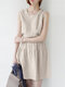 Women Solid Pleated Crew Neck Cotton Casual Sleeveless Dress - Apricot