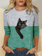 Contrast Color Cat Print Long Sleeve Casual T-shirt For Women - Green