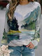Landscape Print Long Sleeve Crew Neck Casual Sweatshirt For Women - Gray