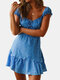 Dot Print Smocked Tie Front Tiered Cap Sleeve Zipper Mini Dress - Blue