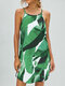 Holiday Leaves Print Adjustable Shoulder Strap Women Sexy Dress - Green