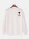 Mens Rose Pattern Solid Color Crew Neck Casual Pullover Sweatshirt - White