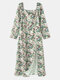 فستان كاليكو بياقة مربعة وأكمام طويلة وطبعة مشقوقة - اللون البيج