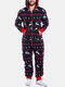 Christmas Elk Print Beam Footed Cozy Jumpsuits Over Zipper Onesies With Waist Pockets - Black