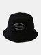 Unisex Cotton Solid Color Broken Hole Letter Embroidery Cloth Label All-match Sunscreen Bucket Hat - Black