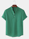 Mens Breathable Flax Stand Collar Short Sleeve Solid Henley Shirt - Green