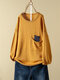 Patchwork Loose O-Neck Long Sleeve Blouse With Pocket - Yellow