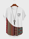 Camisetas de manga corta con dobladillo curvo y retazos con estampado geométrico étnico de sonrisa para hombre - Blanco
