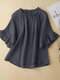 Women Solid Ruffle Sleeve Crew Neck Casual Blouse - Navy